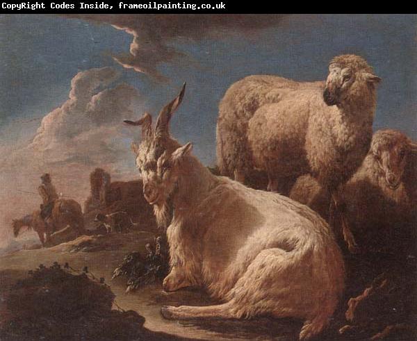 unknow artist An evening landscape with goat and sheep resting in the foreground,a herdsman beyond